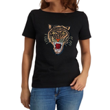 Tijger Paillette Strijk Patch Embleem Goud op een zwart t-shirt