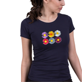 Madelief Margriet Bloemen Strijk Embleem Patch Set 6 stuks op een donkerblauw t-shirt