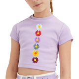 Madelief Margriet Bloemen Strijk Embleem Patch Small Set 6 stuks op een lila shirtje