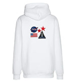 Nasa Space Pilot Strijk Embleem Patch Set 5 stuks op de rugzijde van een witte hoodie