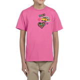 Love Peace Flower Power Strijk Embleem Patch Set op een roze t-shirt