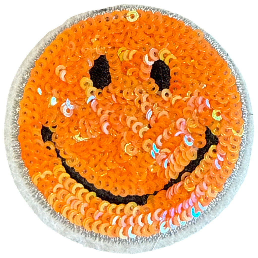 Oranje smiley strijkpatch met duurzame pailletten voor kleding en accessoires