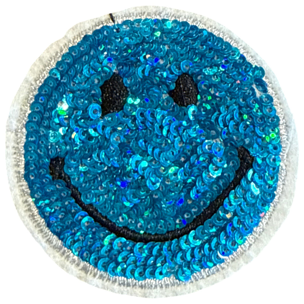 
Blauwe smiley strijkpatch met duurzame pailletten voor kleding en accessoires