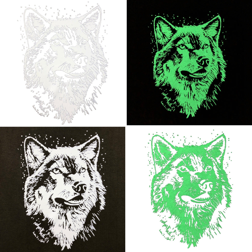 Wolf opstrijk applicatie met glow in the dark effect op textielfolie