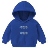 Twee maal de Tribal Paillette Donkerblauw Cosplay Sequins Strijk Embleem Patch op een kleine blauwe hoodie