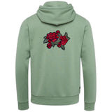 Pioen Wilde Rozen Tak Strijk Embleem Patch op de rugzijde van een lichtgroene hoodie