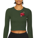 Pioen Roos Bloemen Strijk Embleem Patch op een groene longsleeve