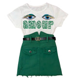 Oog Paillette Wimpers Strijk Embleem Patch Set L+R op een wit t-shirtje