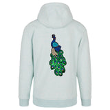 Pauw Vogel Paillette XXXL Strijk Embleem Patch op de rugzijde van een lichtblauwe hoodie