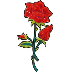 Rose auf grünem Stiel, XL-Emblem-Aufnäher mit Pailletten zum Aufbügeln