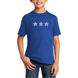 Drie maal de Ster Sterretje Zilver Strijk Patch Embleem op een blauw t-shirt