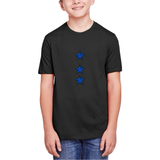 Drie maal de Ster Strijk Embleem Applicatie Patch Blauw op een zwart t-shirt