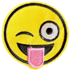 Emoji-Smiley-Bügelemblem-Aufnäher, rosa Zunge