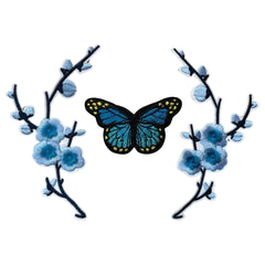 Blüten-Schmetterlings-Emblem-Patch-Set zum Aufbügeln, Blau