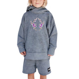 Pruimen Bloesem Bloemen Lila Paars Strijk Embleem Patch Links op een grijze hoodie