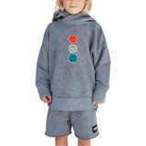 Smiley Paillette Strijk Embleem Patch Set 3 stuk op een grijze hoodie