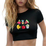 Fruit Groente Strijk Embleem Patch Set A 6 stuks op een zwart kort shirtje