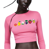 Fruit Strijk Embleem Patch Set 6 stuks op een roze longsleeve