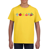 Fruit Groente Strijk Embleem Patch Set A 6 stuks op een geel t-shirt