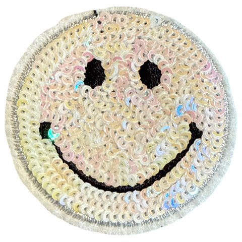Smiley strijkpatch met wit paarlemoer pailletten effect voor kleding en accessoires