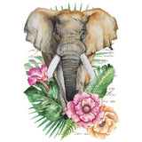 Applicatie van een lopende Afrikaanse olifant met slagtanden met tropische planten en bloemen