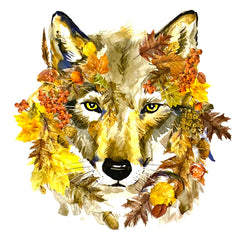 Vollfarbiges Bügelbild „Wolf Fall“.