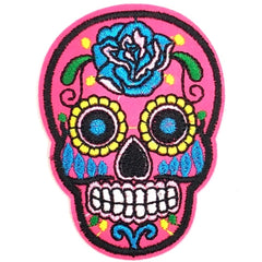 Totenkopf-Zuckerschädel-Emblem-Aufnäher zum Aufbügeln, Neonrosa