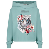 Tijger Bloemen Strijk Applicatie op een groen blauwe sweater