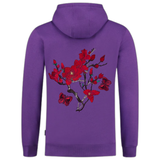 Magnolia Bloesem Vlinder Strijk Patch Set Rood 3 Patches op de rugzijde van een paarse hoodie