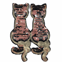 Reversibler Katzen-Emblem-Patch mit Pailletten zum Aufbügeln, Gold und Silber