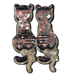 Reversibler Katzen-Emblem-Aufnäher mit Pailletten zum Aufbügeln, Schwarz und Silber