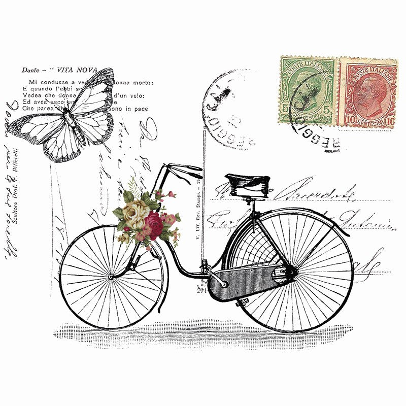 Applicatie van een vintage briefkaart met postzegels tekst en de afbeelding van een vlinder en een vintage fiets versierd met bloemen