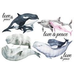Orca-Delfin-Bügelapplikation „Love And Peace“-Text