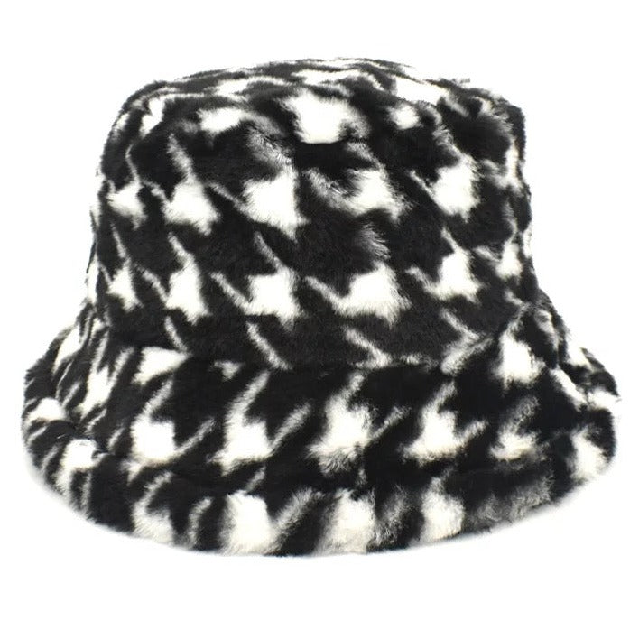 Hoed Bucket Hat Houndstooth Patroon Zwart Wit