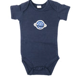 Blauwe Planeet Met Out Of The World Tekst Strijk Patch op een donker blauwe baby romper