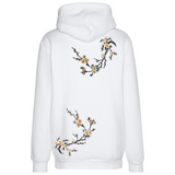 Bloesem Bloemen Tak Strijk Embleem Patch Set L+R Wit op de rugzijde van een witte hoodie