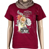 Vintage Platenspeler Met Rozen En Tekst Strijk Applicatie op een rood t-shirt