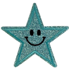 Smiley-Stern-Emblem-Aufnäher zum Aufbügeln, Glitzer, Hellblau