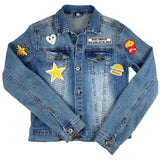 Friet Patat French Fries Bakje Strijk Embleem Patch samen met een hamburger en tekst patch op een spijkerjasje