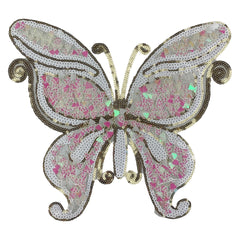 Schmetterling XXL Paillette Aufnäher Weiß Rosa Perlmutt