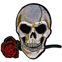 Aufnäher mit Totenkopf-Motiv, Totenkopf-Motiv, rote Rose, zum Aufbügeln
