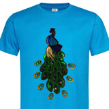 Pailletten Pauw XL Strijk Embleem Patch samen met zeven kleine pauw oog strijk patches op een blauw t-shirt