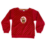 Boeddha Strijk Applicatie Roze Rood Small op een rood fluwelen sweater maat 104