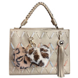 Sleutelhanger Pluche Hart Luipaard Print Tas Hanger Crème Bruin samen met de beige bruin variant aan een handtas