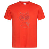 Uil Strass Strijk Applicatie op een rood t-shirt