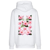 Hibiscus Bloemen Full Color Strijk Applicatie op de rugzijde van een witte hoodie