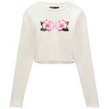 twee afbeeldingen van de Hibiscus Bloemen Full Color Strijk Applicatie op een witte longsleeve