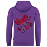 Magnolia Bloesem Bloemen Tak XL Strijk Embleem Patch Rood samen met twee bordeaux rode vlinders op de rugzijde van een paarse hoodie