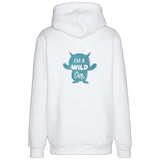 Monster I'm A Wild One Tekst Flock Strijk Applicatie Large op de achterzijde van een witte hoodie