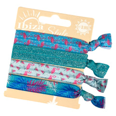 Haargummi im Ibiza-Stil, tropischer Flamingo, blauer Glitzer